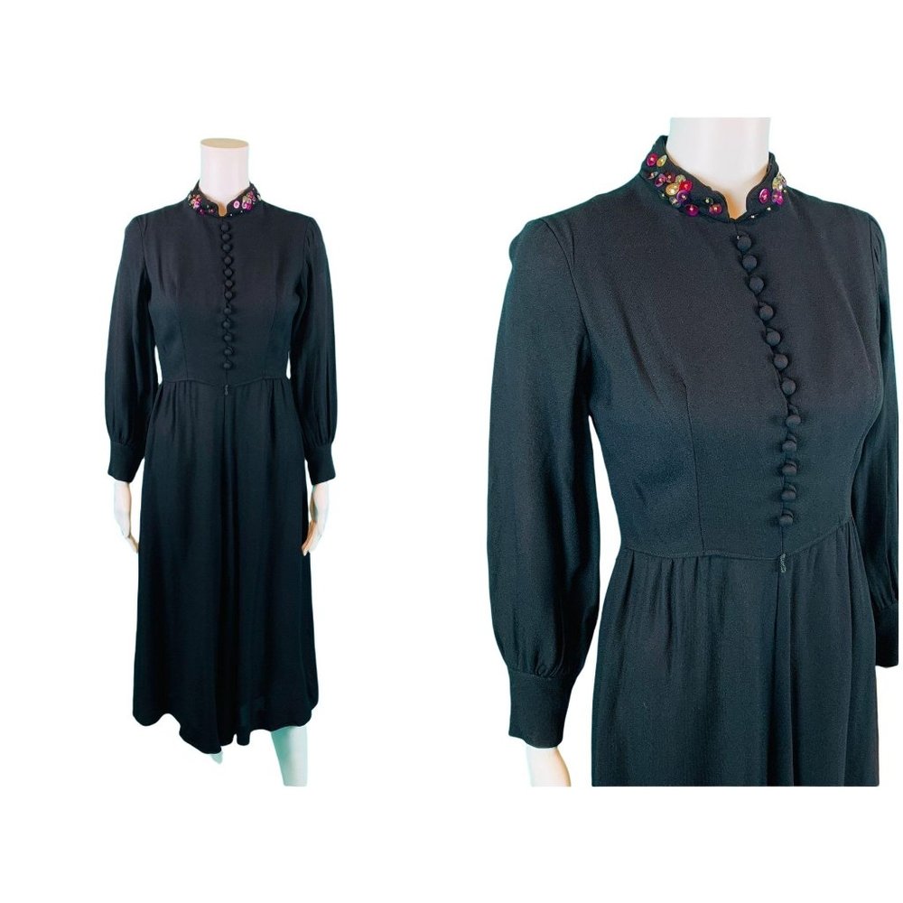 Vintage 70s Black Jumpsuit Womens Small 1940s Style Long Sleeve Cropped 1 Piece